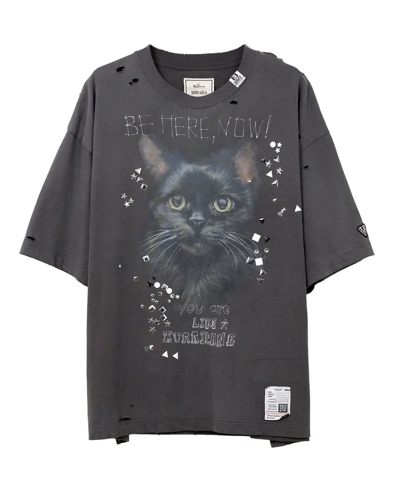 MIHARAYASUHIRO Distressed-T-Shirt mit Katzen-Print - Schwarz Schwarz