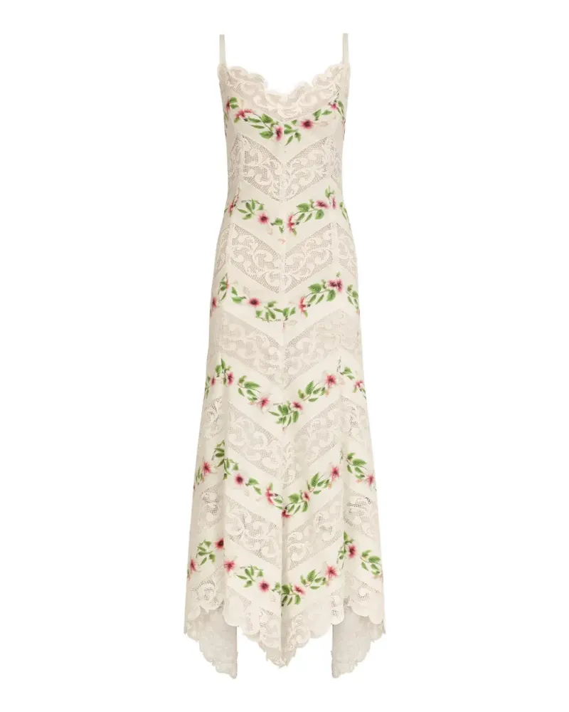 Oscar de la Renta Gestreiftes Kleid aus Baumwollpopeline mit Hibiskus-Print - Nude Nude