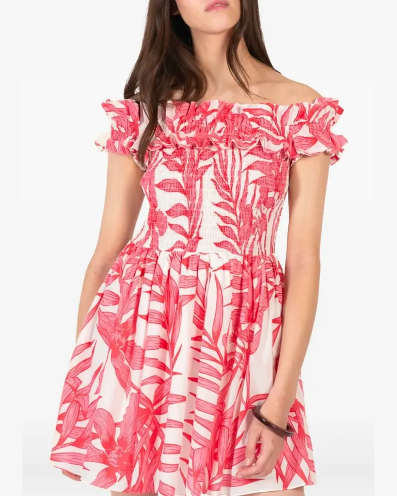 Poupette St Barth Gerüschtes Amber Kleid mit Palmenblatt - Weiß Weiß