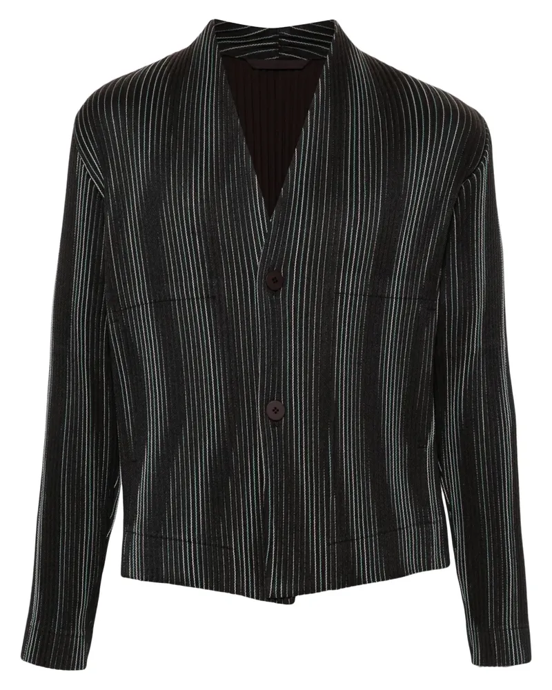 Issey Miyake Tweed Pleats Jacke ohne Kragen - Schwarz Schwarz