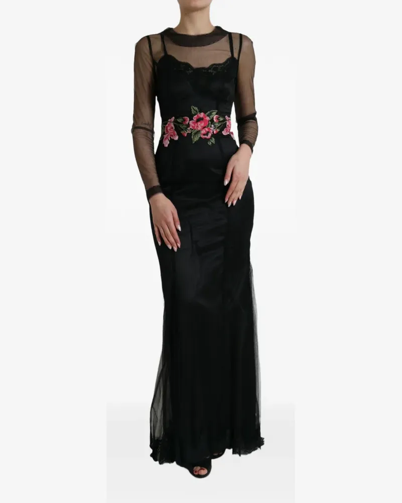 Dolce & Gabbana Langes Mesh-Abendkleid mit Blumenstickerei - Schwarz Schwarz