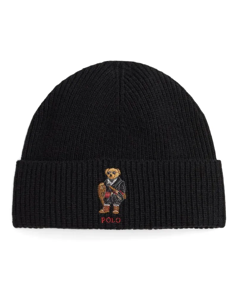 Ralph Lauren Gerippte Beanie mit Bärenstickerei - Schwarz Schwarz