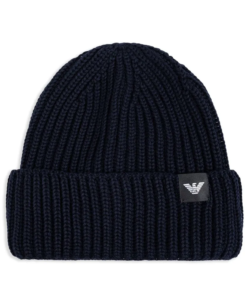 Emporio Armani Gestrickte Beanie mit Logo-Patch Blau