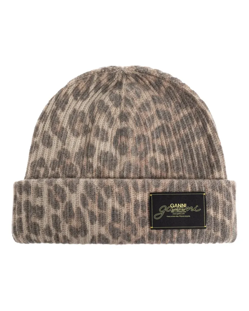 Ganni leopard logo beanie hat - Braun Braun