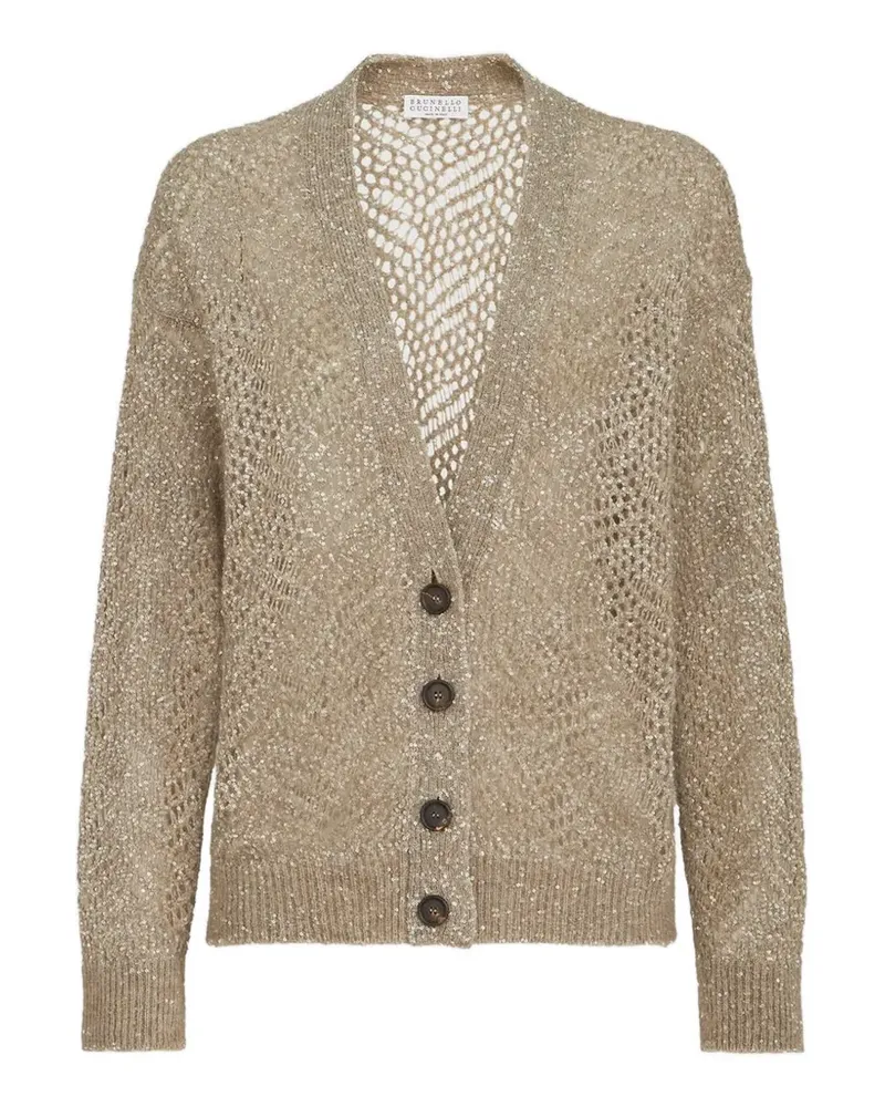 Brunello Cucinelli Strickjacke aus Mohair-Wollmix mit abstraktem Blättermuster und funkelnden Details - Nude Nude
