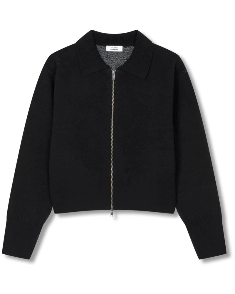 STUDIO TOMBOY Reißverschluss-Cardigan mit klassischem Kragen - Schwarz Schwarz