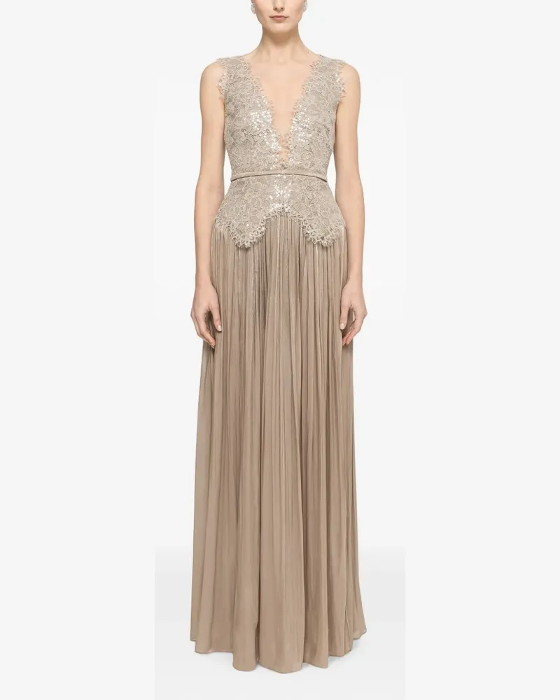 NISSA lace-panel chiffon maxi dress - Nude Nude