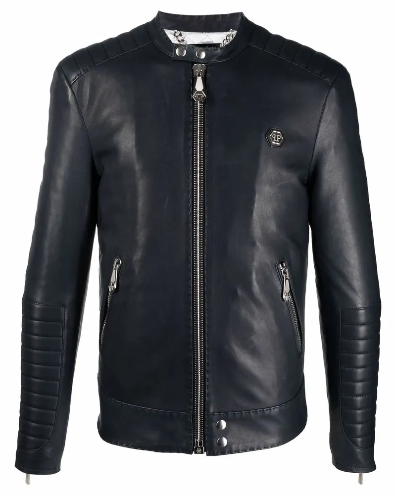 Philipp Plein Lederjacke mit Stickerei Blau