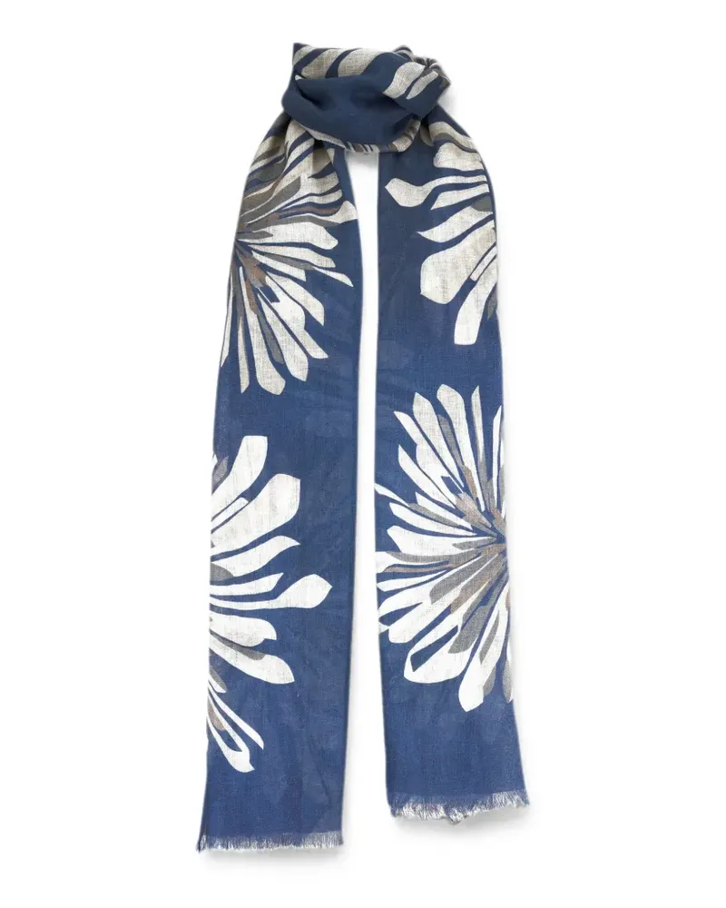Brunello Cucinelli floral-print frayed scarf - Blau Blau