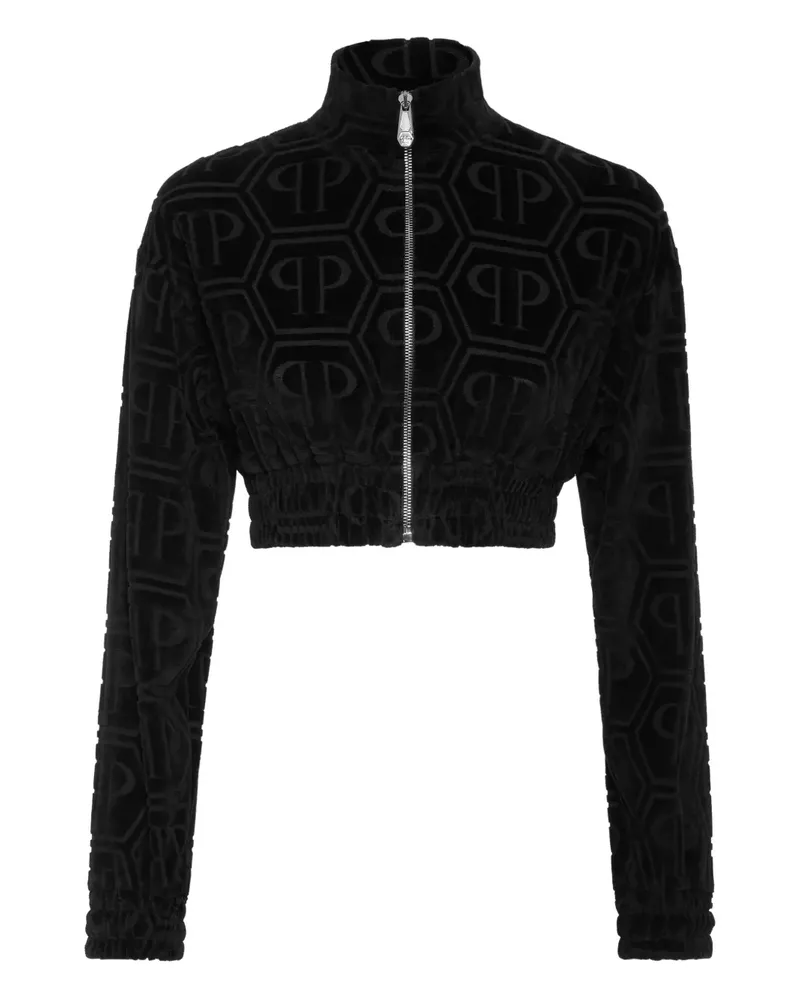 Philipp Plein Cropped-Sportjacke mit Jacquard-Monogramm - Schwarz Schwarz