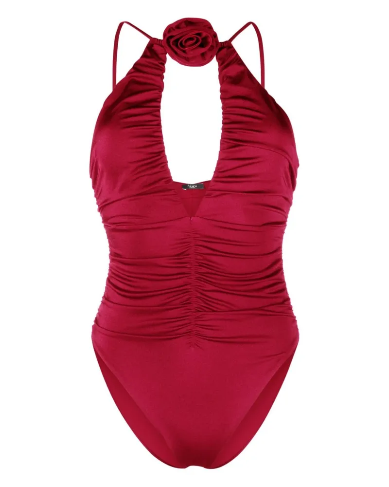 Noire Swimwear Geraffter Badeanzug mit Blumenapplikation - Rot Rot