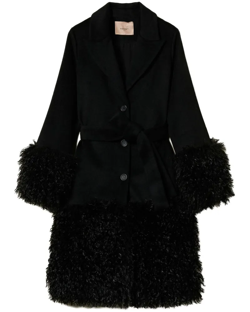 Twin-Set Mantel mit Gürtel und Faux Fur-Borte - Schwarz Schwarz