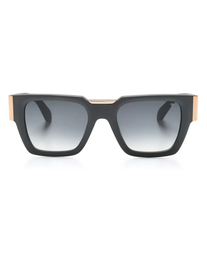 Philipp Plein Eckige Sonnenbrille mit Logo-Schild - Grau Grau