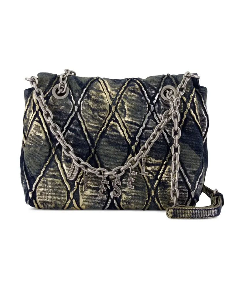 Diesel charm-D - shoulder bag in metallic-foil denim - Blau Blau