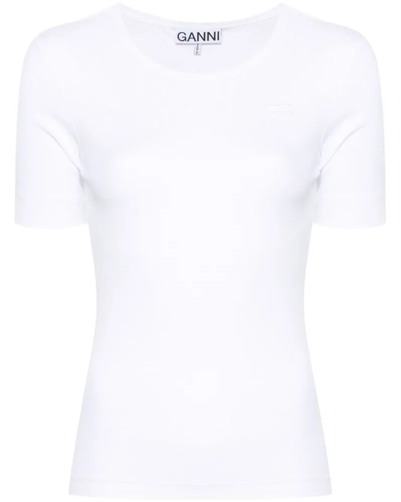 Ganni Geripptes T-Shirt mit Logo-Stickerei - Weiß Weiß