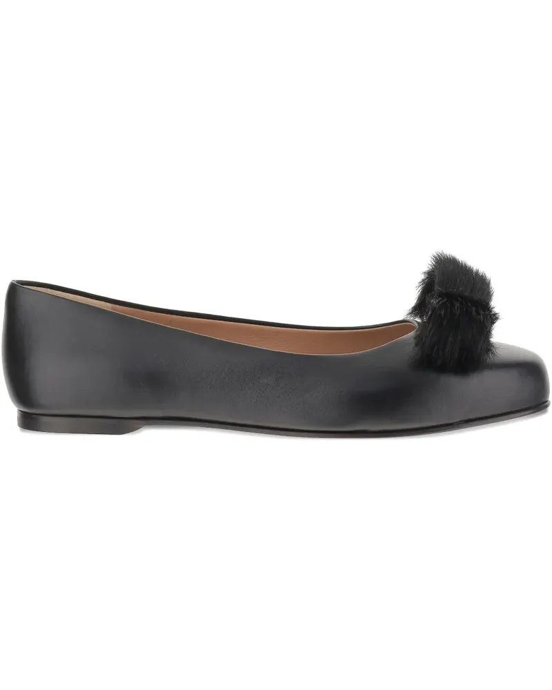 Ferragamo Vara Ballerinas mit Pelzbommel - Schwarz Schwarz