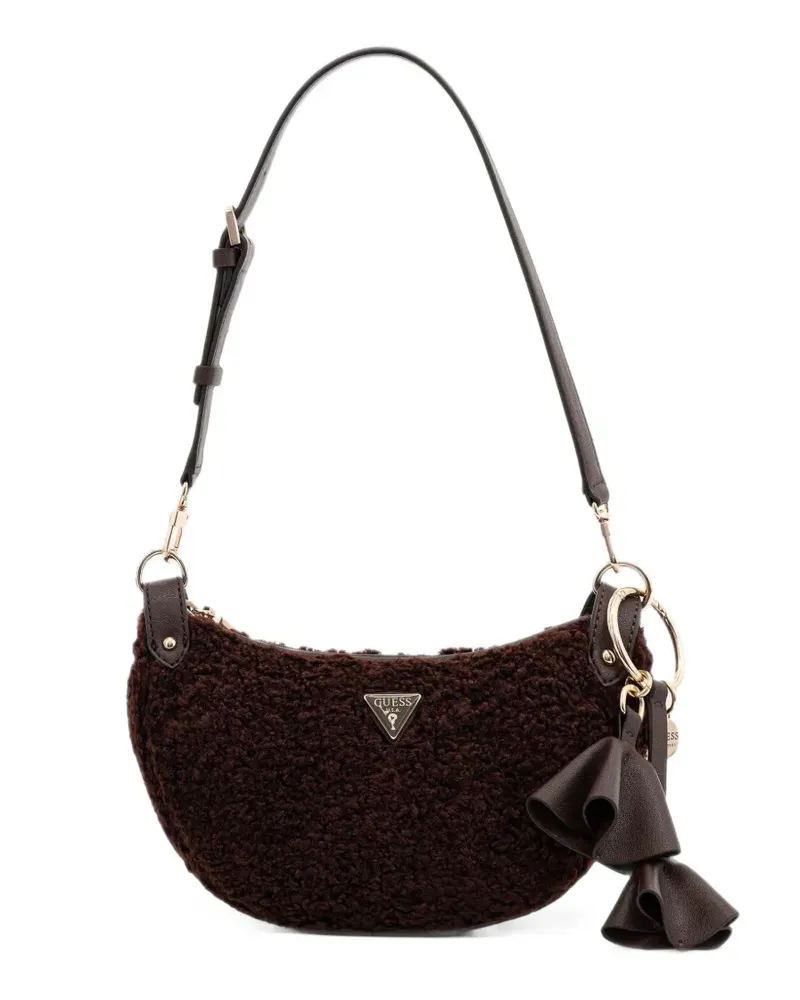 Guess Katie Schultertasche aus Bouclé mit Logoplakette - Braun Braun