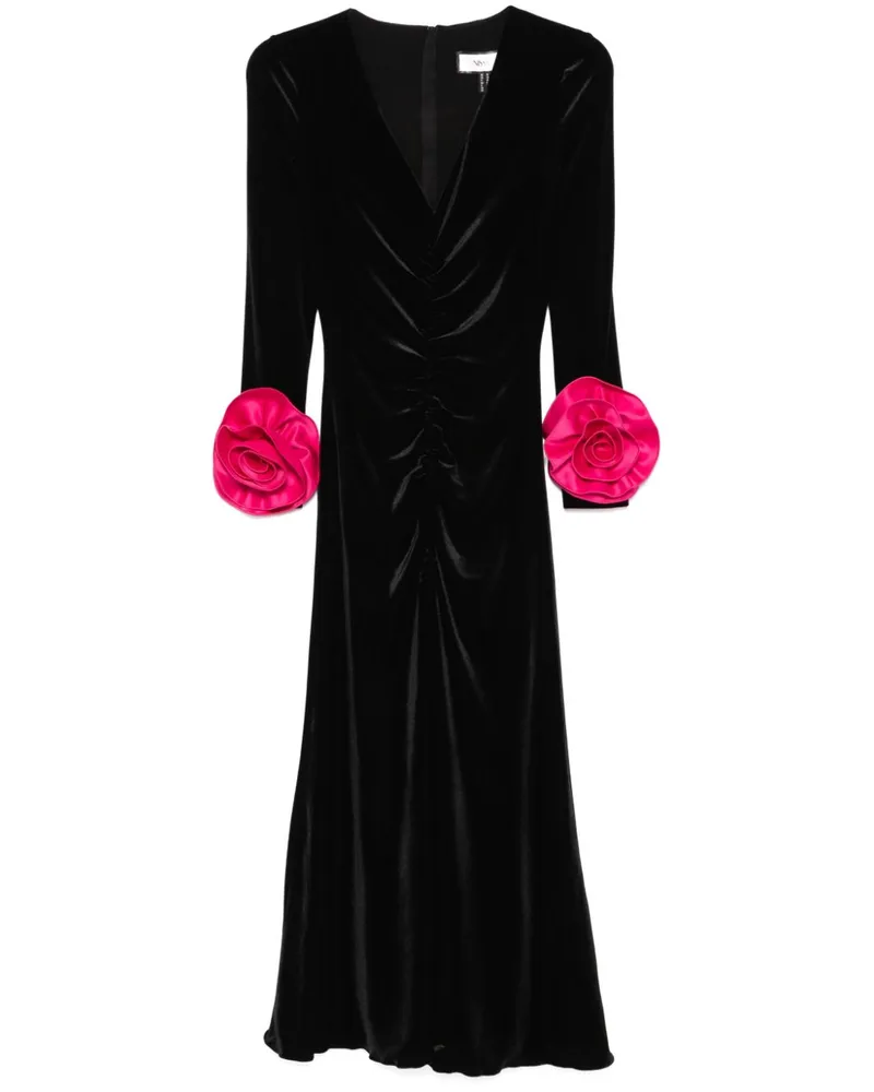 NISSA Samt-Midikleid mit Blumendetail - Schwarz Schwarz