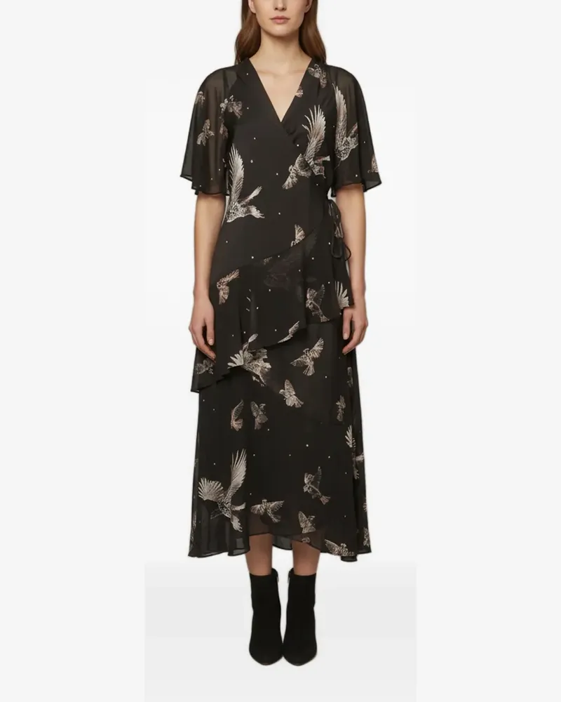AllSaints Alana bird-print midi dress - Schwarz Schwarz
