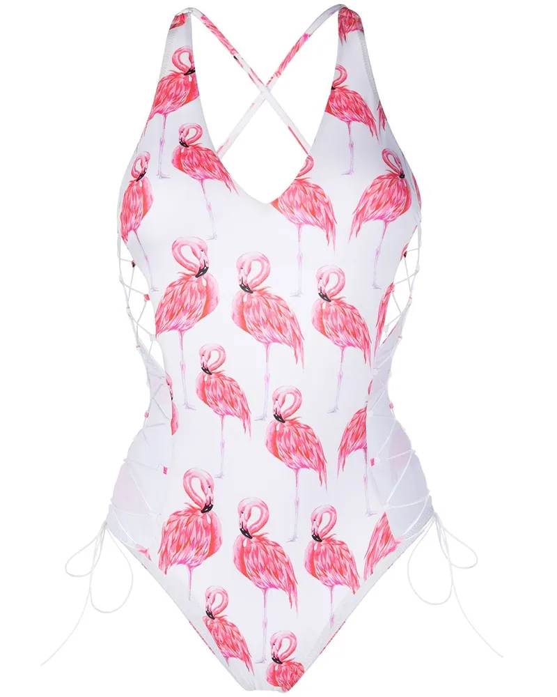 Noire Swimwear Badeanzug mit Flamingo-Print - Weiß Weiß