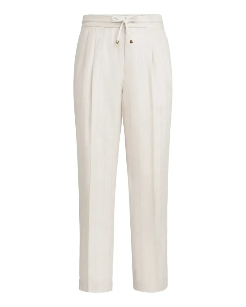 Brunello Cucinelli Bundfaltenhose aus Leinen mit Chevron-Struktur und Kreidestreifen, Kordelzug und doppelter Falte - Nude Nude