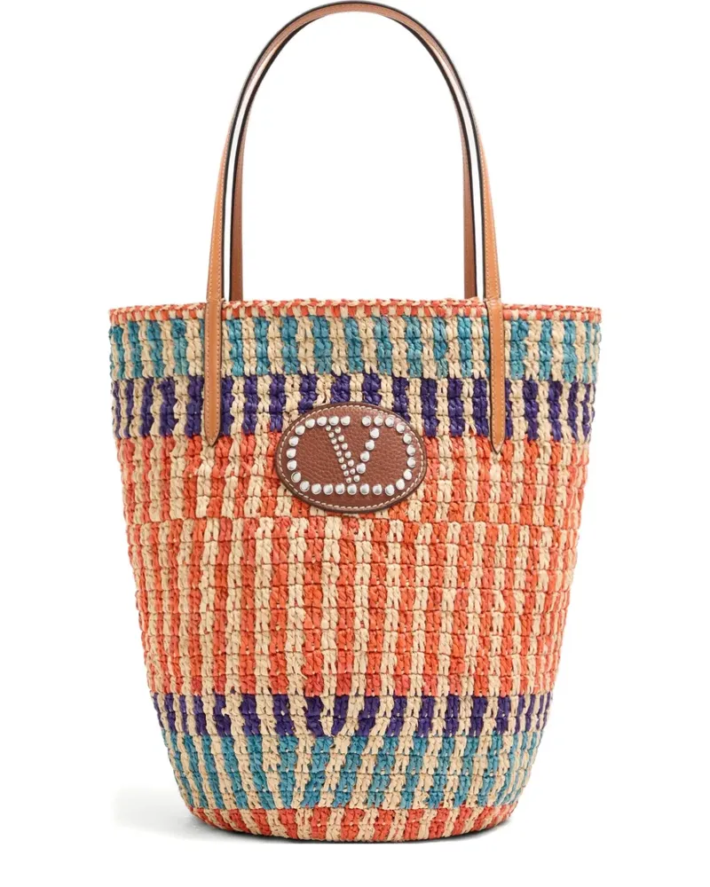 Valentino Garavani Gestreifte Tote Bag aus Raffiabast mit VLogo - Orange Orange