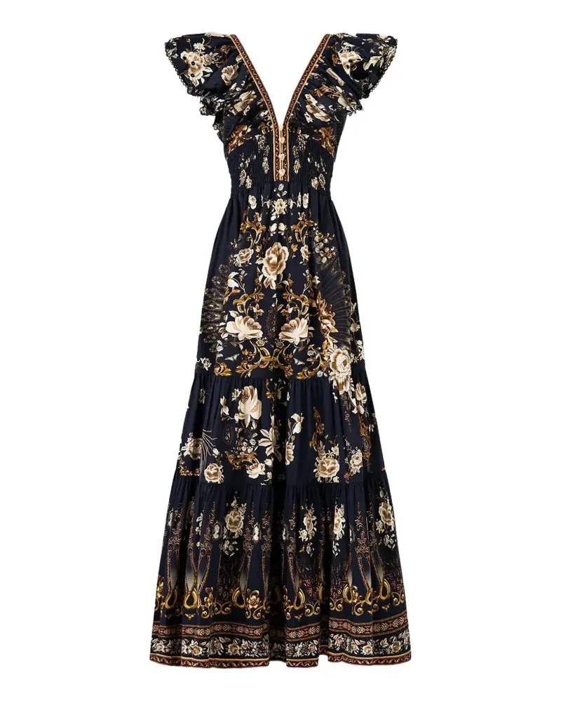 Camilla maxi Flamenco Folklore ruffled floral-pattern dress - Blau Blau