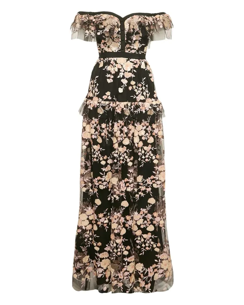 Self-Portrait Pre-owned Maxikleid aus Tüll mit Blumenmotiv - Schwarz Schwarz