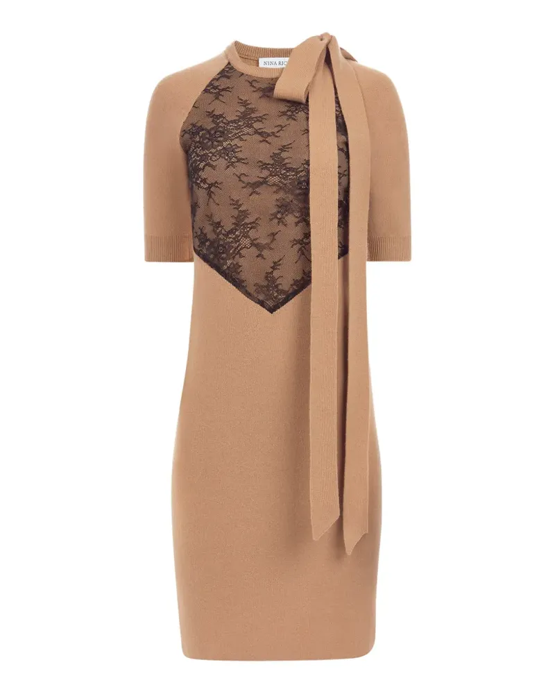 Nina Ricci Midikleid mit Spitzeneinsätzen und Schleife - Nude Nude