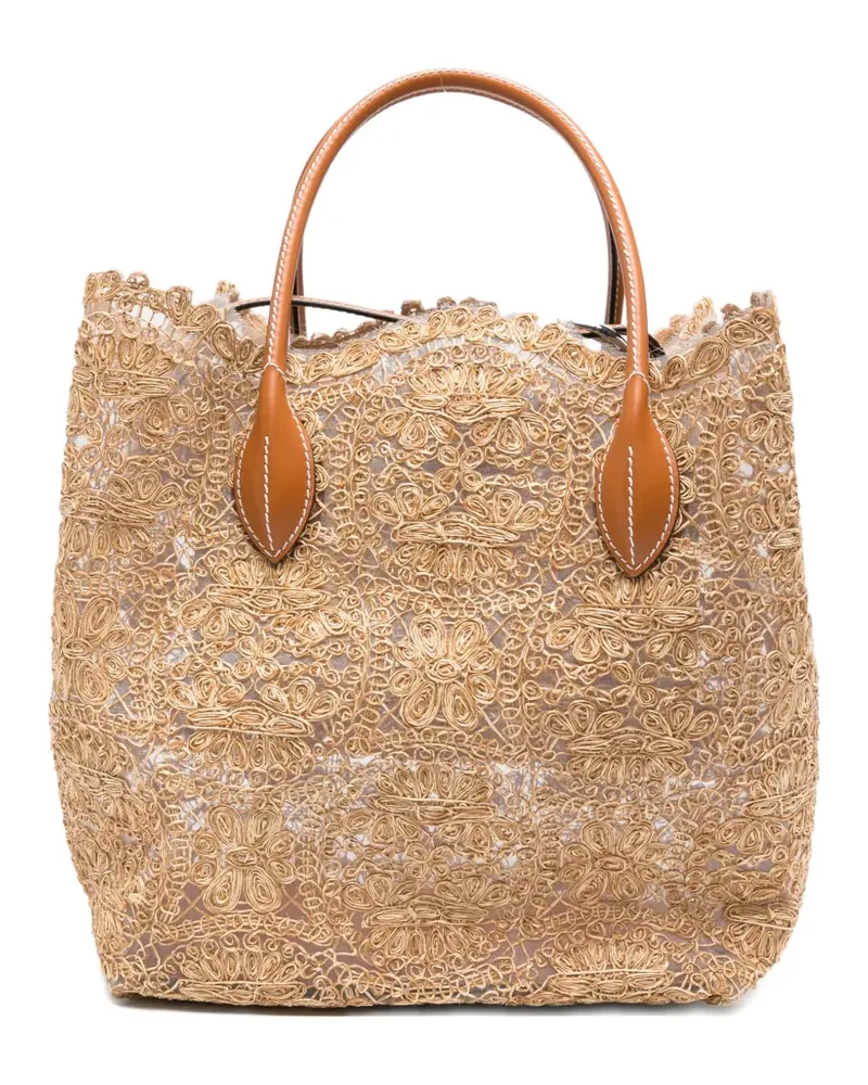 Ermanno Scervino Margot lace-embroidered leather-trim tote bag - Nude Nude