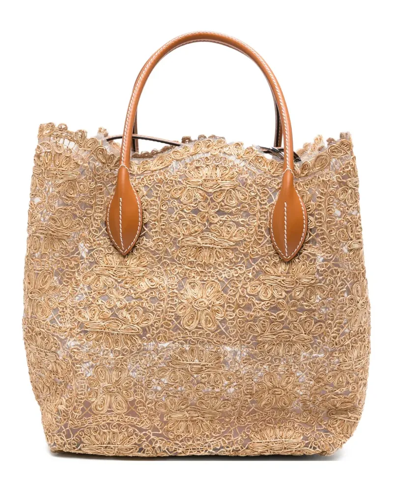 Ermanno Scervino Margot lace-embroidered leather-trim tote bag - Nude Nude