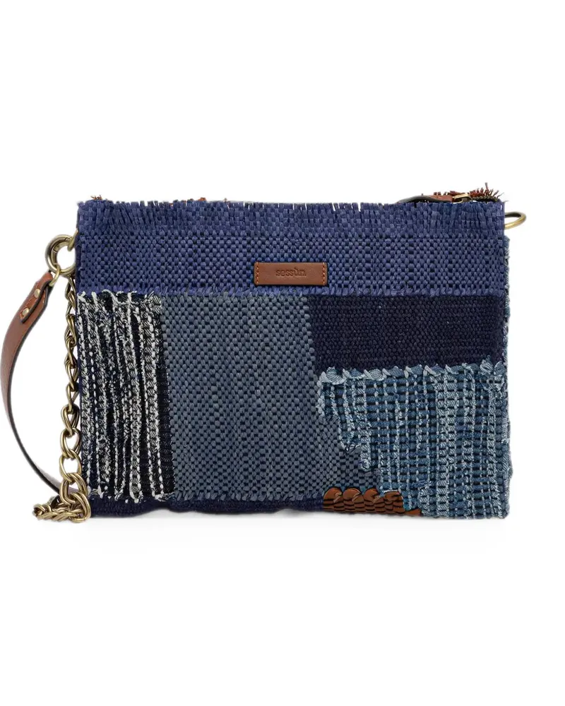 Sessùn Farawa patchwork fringed shoulder bag - Blau Blau