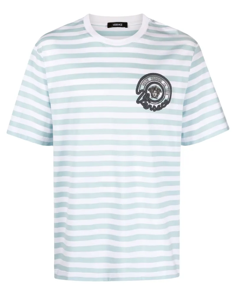 Versace Gestreiftes T-Shirt mit Logo-Stickerei - Blau Blau