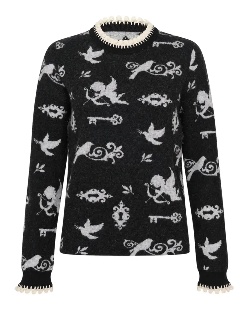 Renli Su Intarsien-Pullover mit Bommelbesatz - Schwarz Schwarz