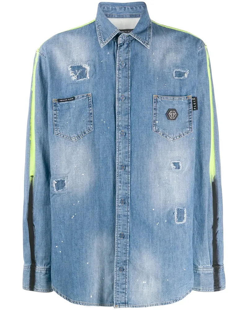 Philipp Plein Jeanshemd im Distressed-Look - Blau Blau