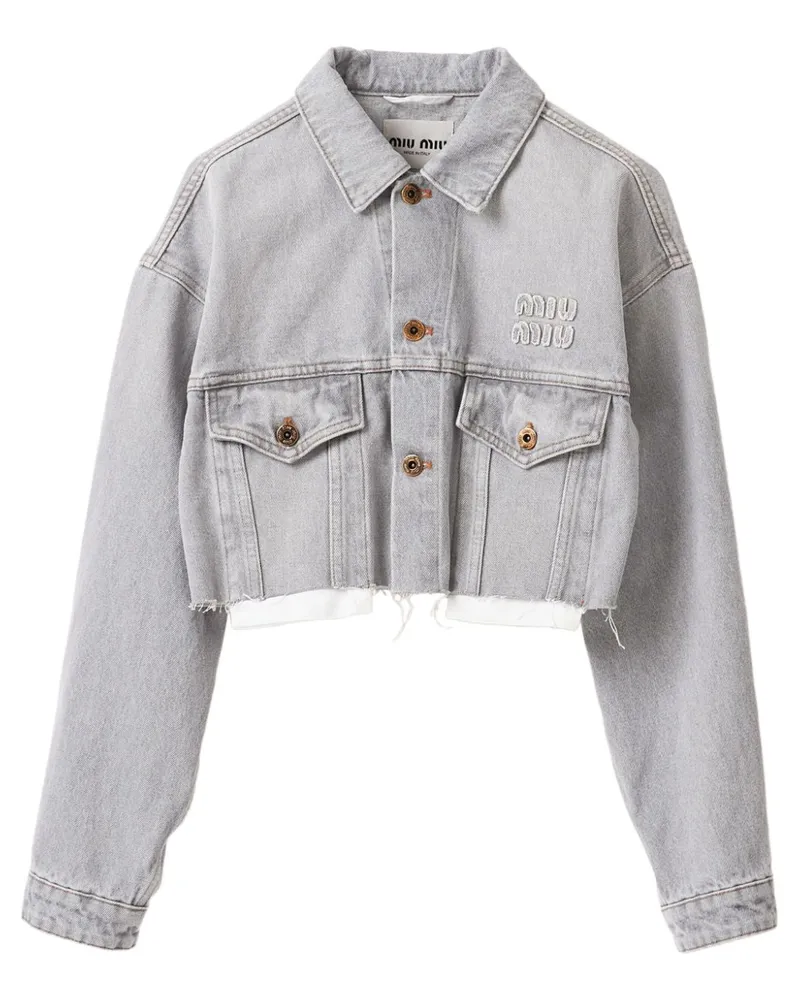 Miu Miu Cropped-Jeansjacke mit Logo-Applikation Grau