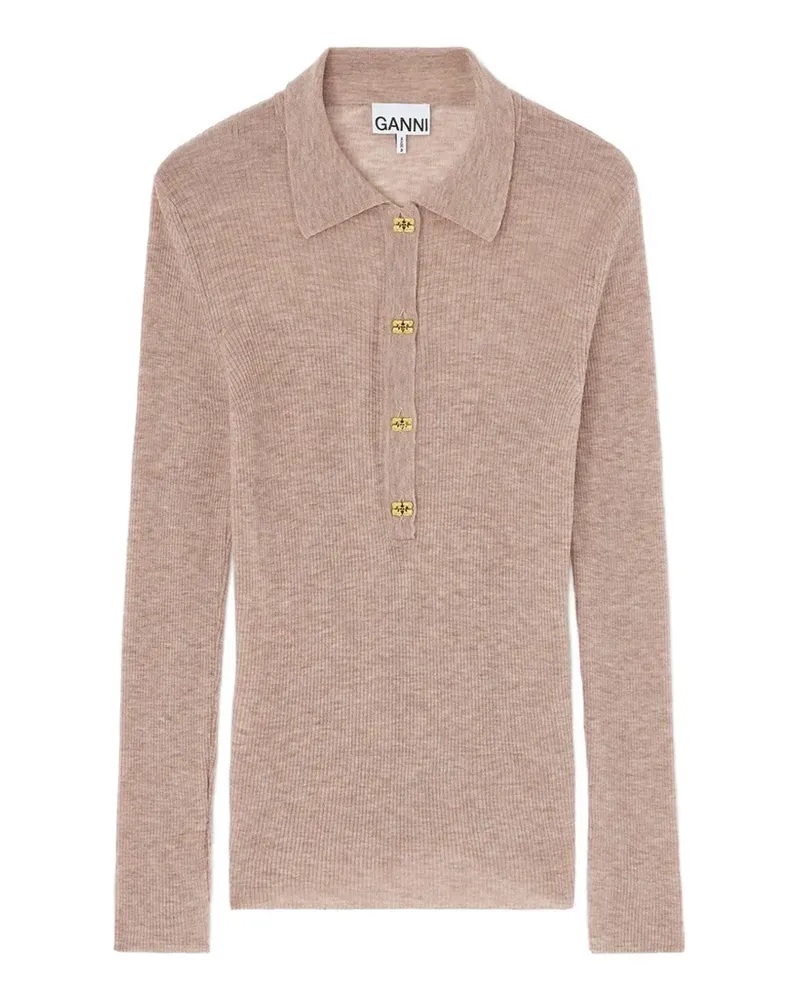 Ganni ribbed-knit long-sleeved polo top - Nude Nude