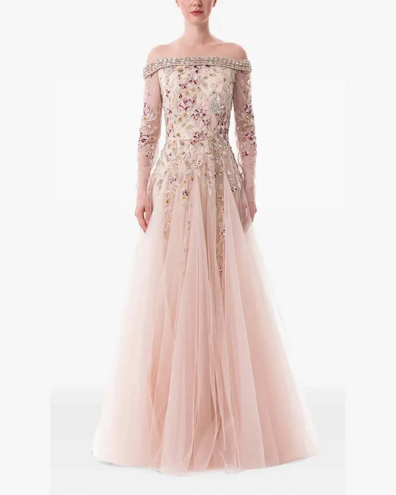 Dina Melwani Peacock-embroidered off-shoulder maxi dress - Nude Nude