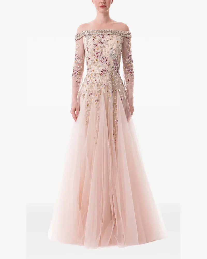 Dina Melwani Schulterfreies Maxikleid mit Pfauen-Stickerei - Nude Nude