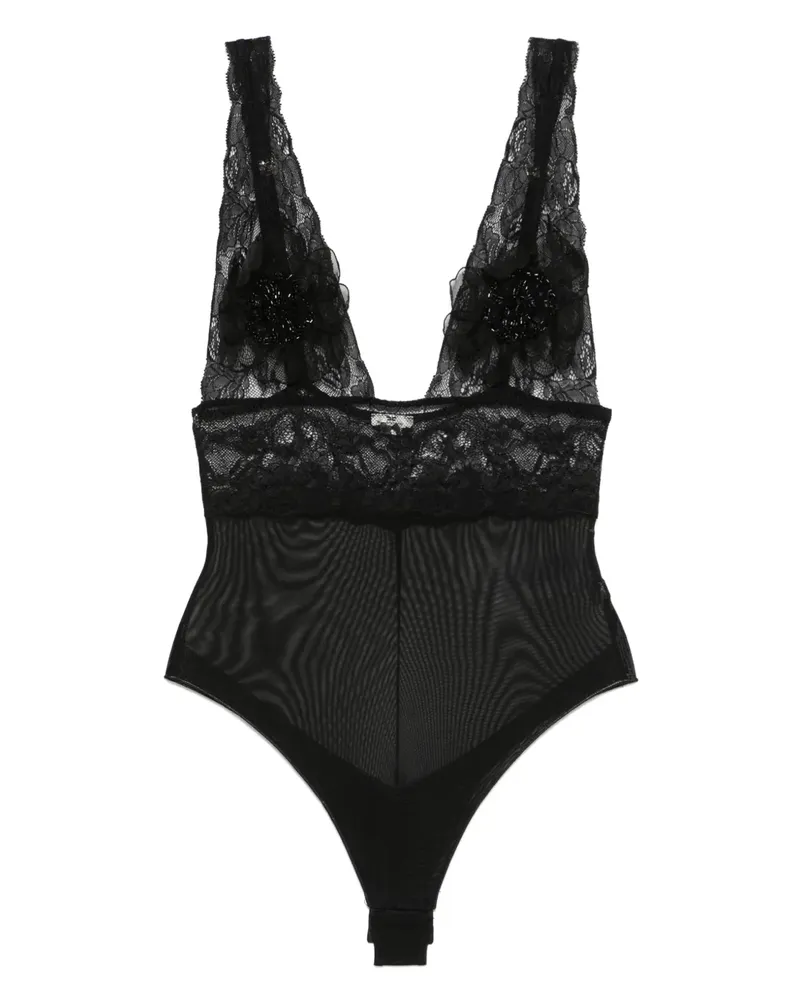 Elisabetta Franchi Body aus Tüll mit 3D-Blumen - Schwarz Schwarz