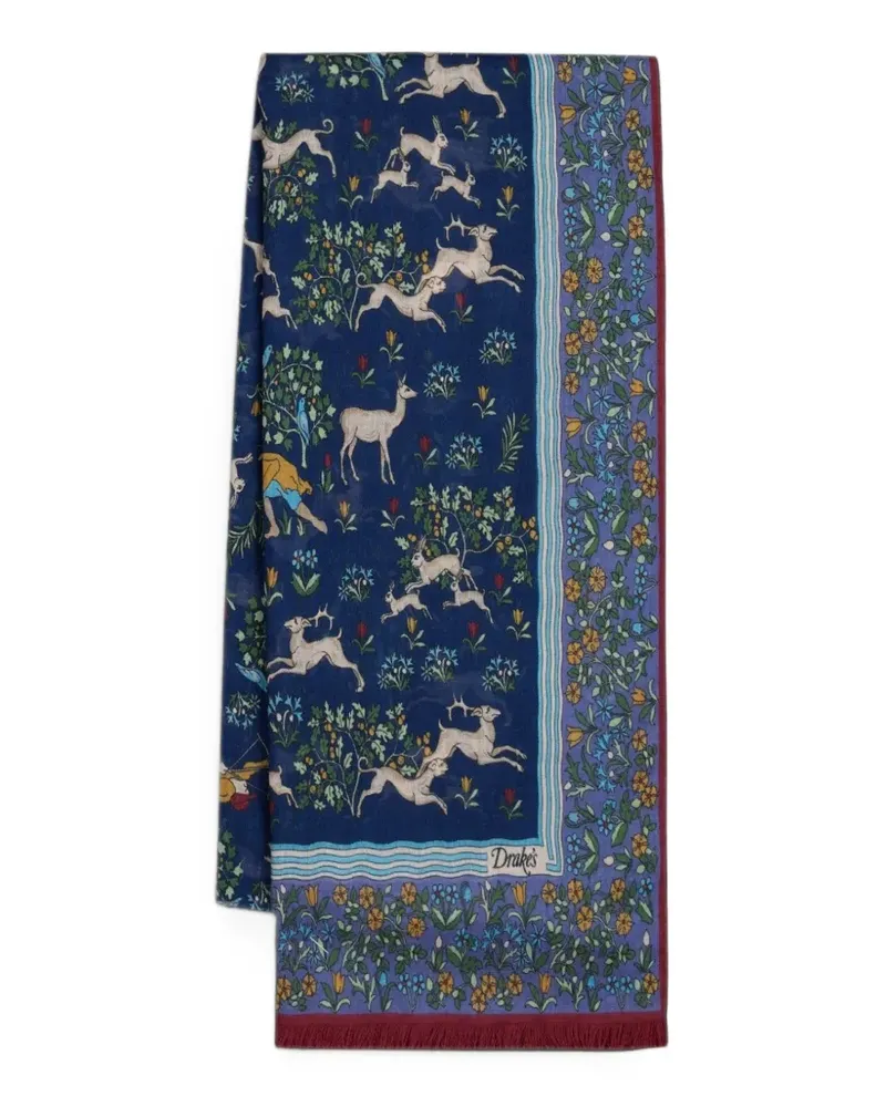 Drake's animal-print wool-silk scarf - Blau Blau