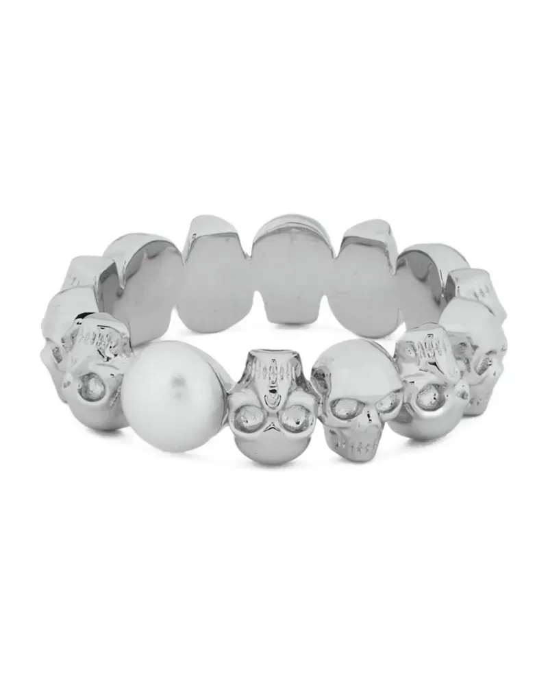 Alexander McQueen Perlenring mit Totenkopf - Silber Silber