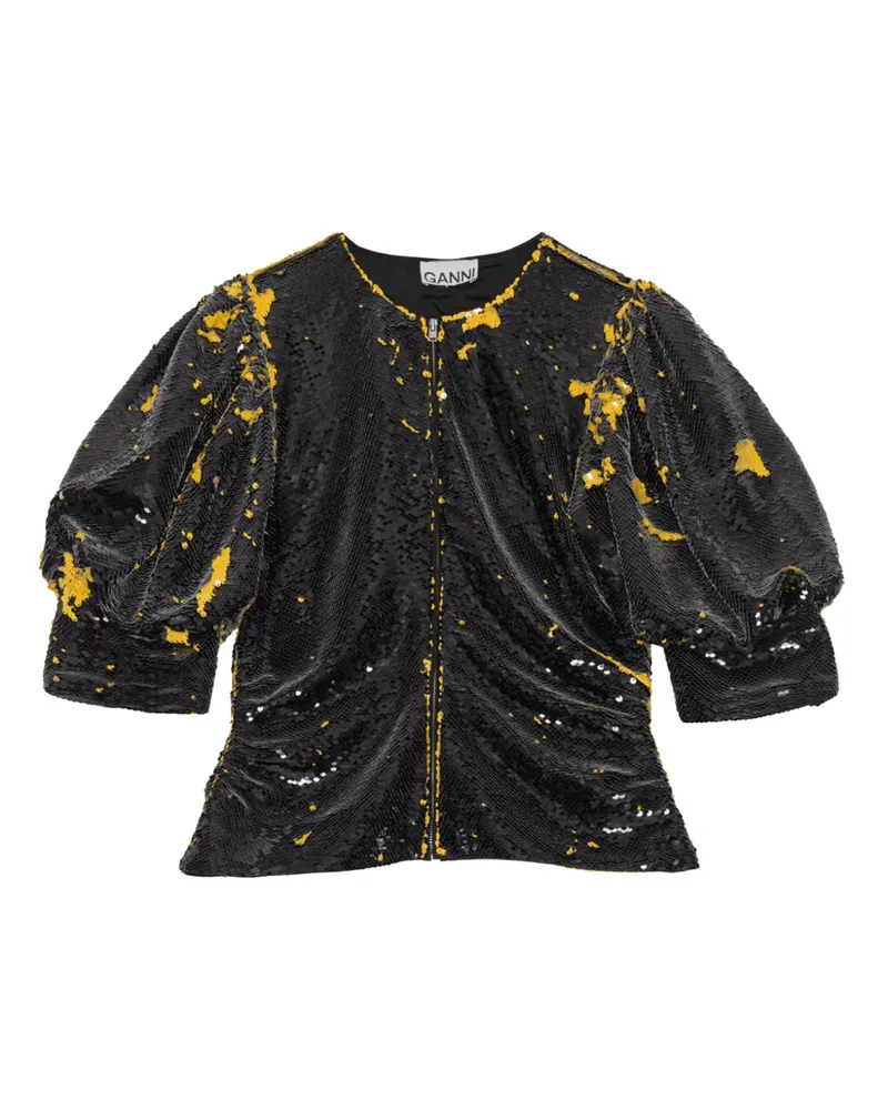 Ganni Paillettenbluse mit Puffärmeln - Schwarz Schwarz