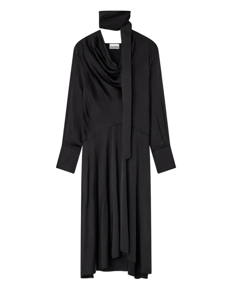 Ganni Schal-Midikleid mit Wasserfallkragen - Schwarz Schwarz