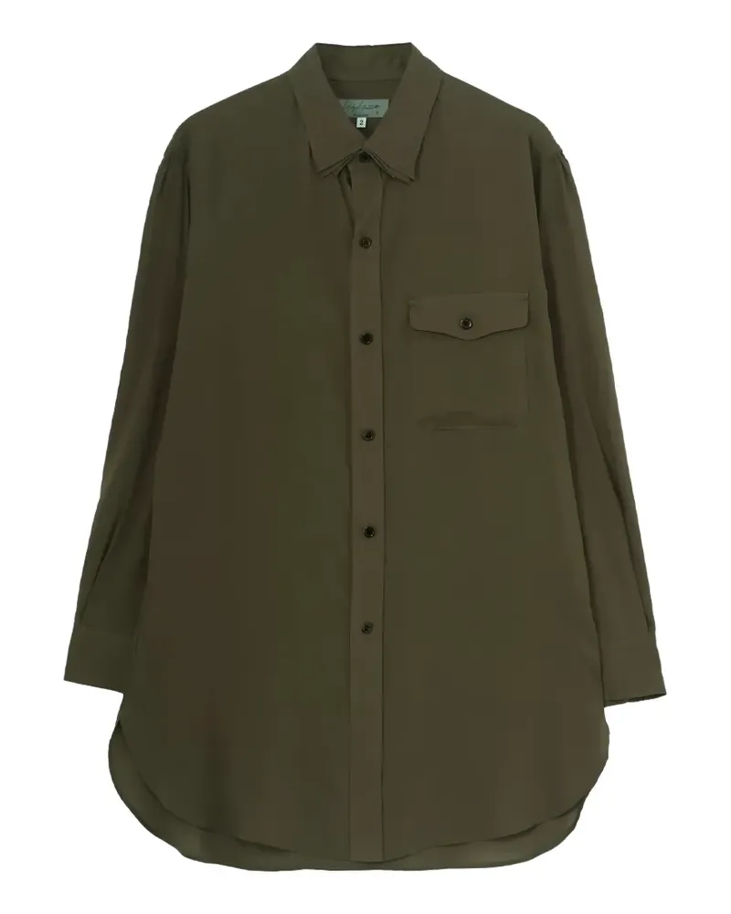 Yohji Yamamoto Lawn triple collar curved-hem long-sleeve shirt - Grün Grün
