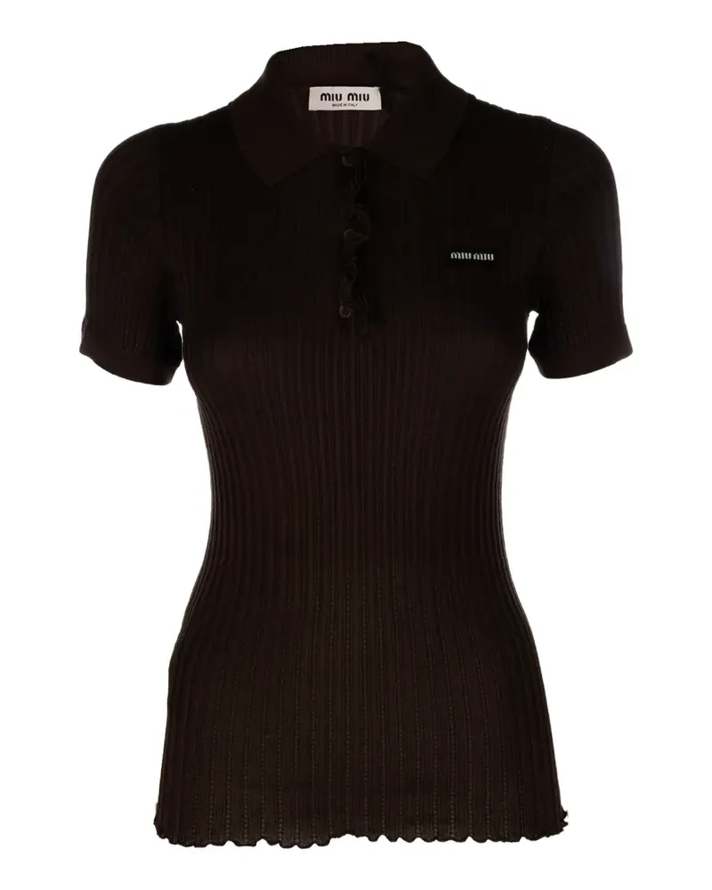 Miu Miu ruffled ribbed-knit polo shirt - Braun Braun