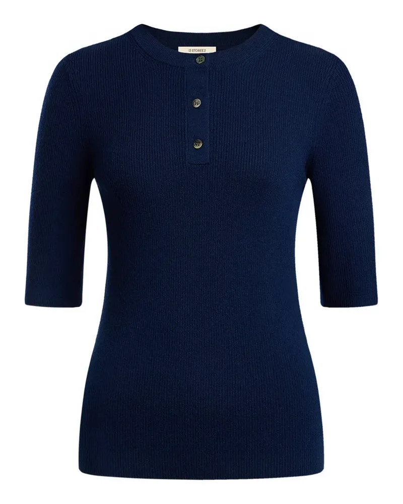 12 STOREEZ Geknöpfter Merinopullover - Blau Blau