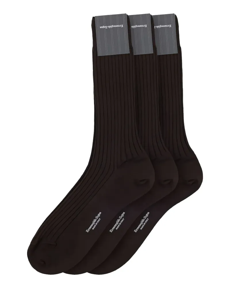 Ermenegildo Zegna Gerippte Socken mit Logo (3er-Set) - Braun Braun