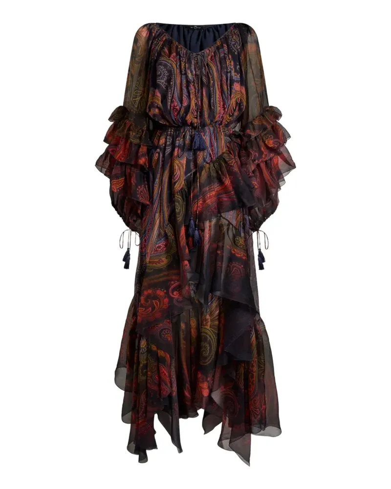 Etro silk midi dress with ruffles and placed Paisley print - Blau Blau