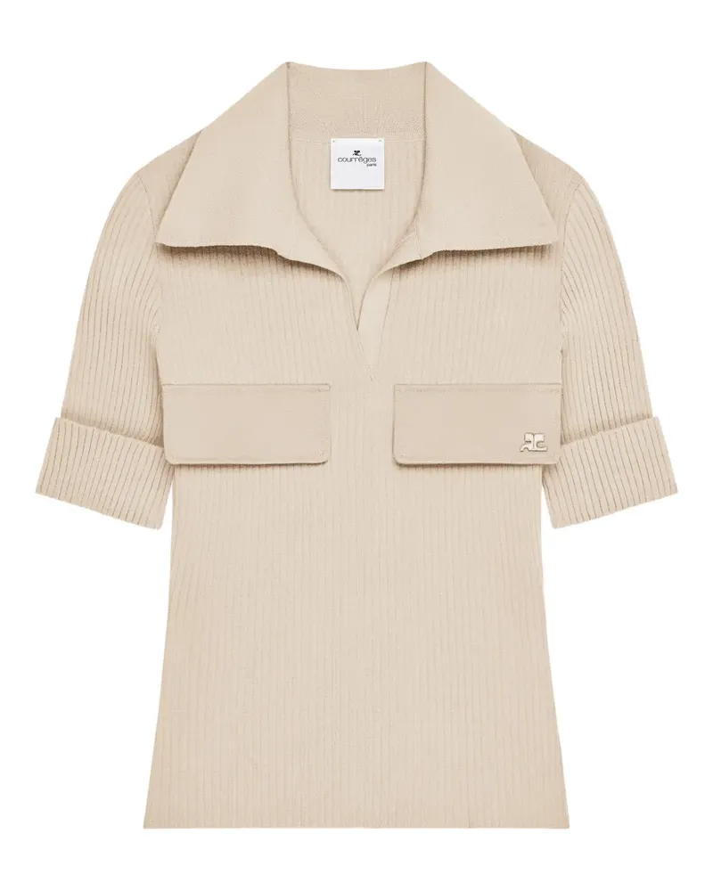 Courrèges Geripptes Poloshirt mit Klappentasche - Nude Nude